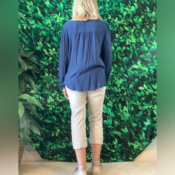 💙 GAP Medium Blue Peasant Blouse – Embroidered V-Neck, Tassel Tie, Size Medium - Picture 5 of 8